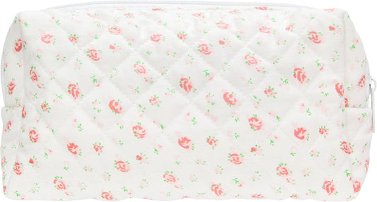 PAZIMIIK Vintage Quilted Makeup Bag Cosmetic Pouch for Brushes Pencils and Travel Make Up Accessories for Women and Girls Gauze Rose