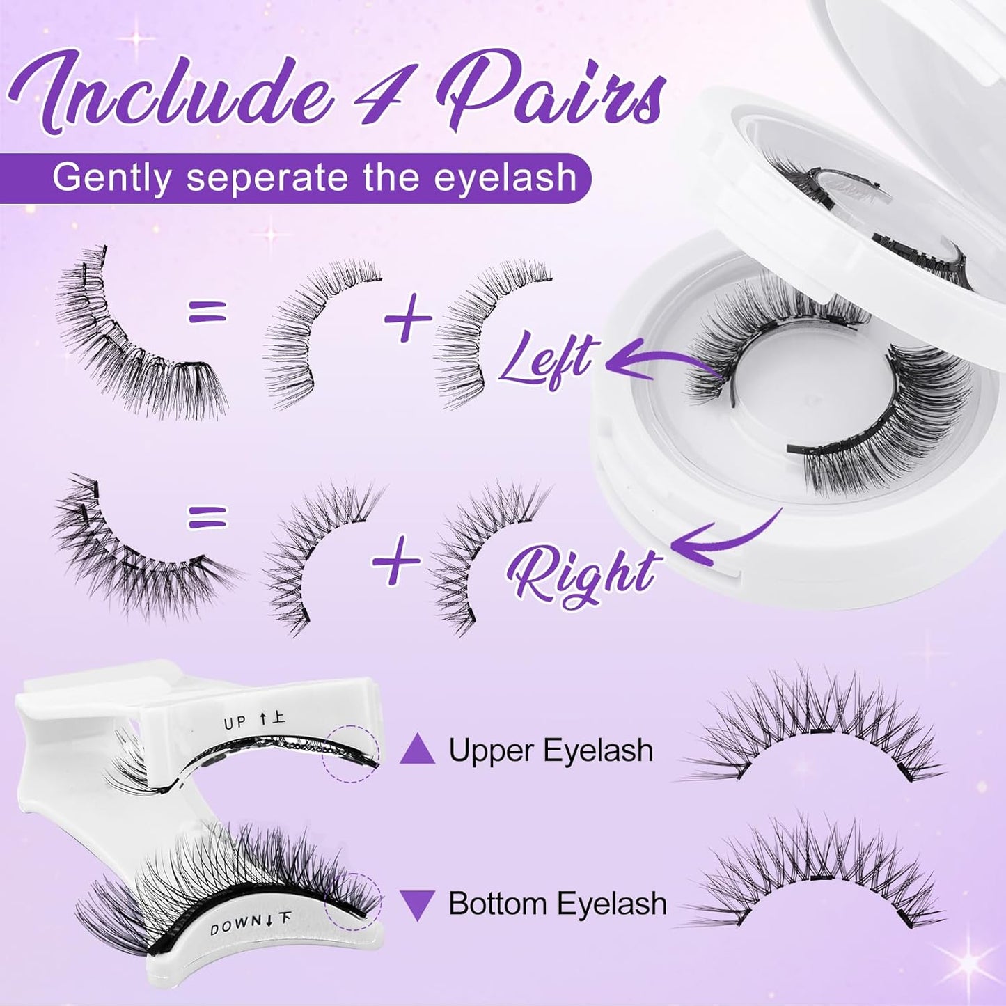 4-Pairs Magnetic Eyelashes Kit with Applicator: Natural Reusable Soft Waterproof False Lash, No Glue Needed, Wendy Lashes, K8+604