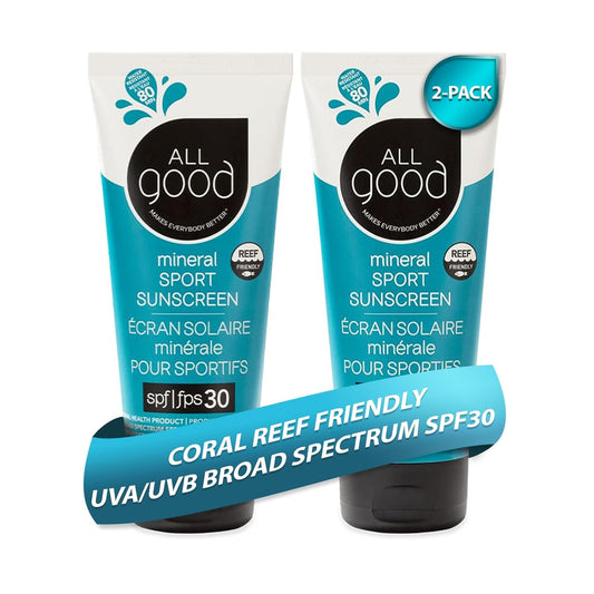 All Good Sunscreen - Sport Mineral Sunscreen Lotion, Reef Friendly, SPF 30+ for Face & Body, Water & Sweat Resistant, 2-pack (3 oz) | alldaygood beauty