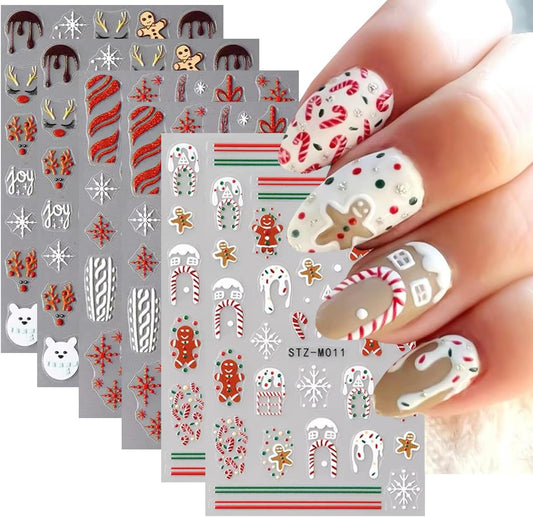 Christmas Nail Stickers,Cartoon Xmas with Cute Gingerbread Man Snowflake Candy Crutch Snowflake Gift Bow Elk French Glitter Design Self-Adhesive Decals for Nails Winter Manicure Decoration 6Sheets | alldaygood beauty