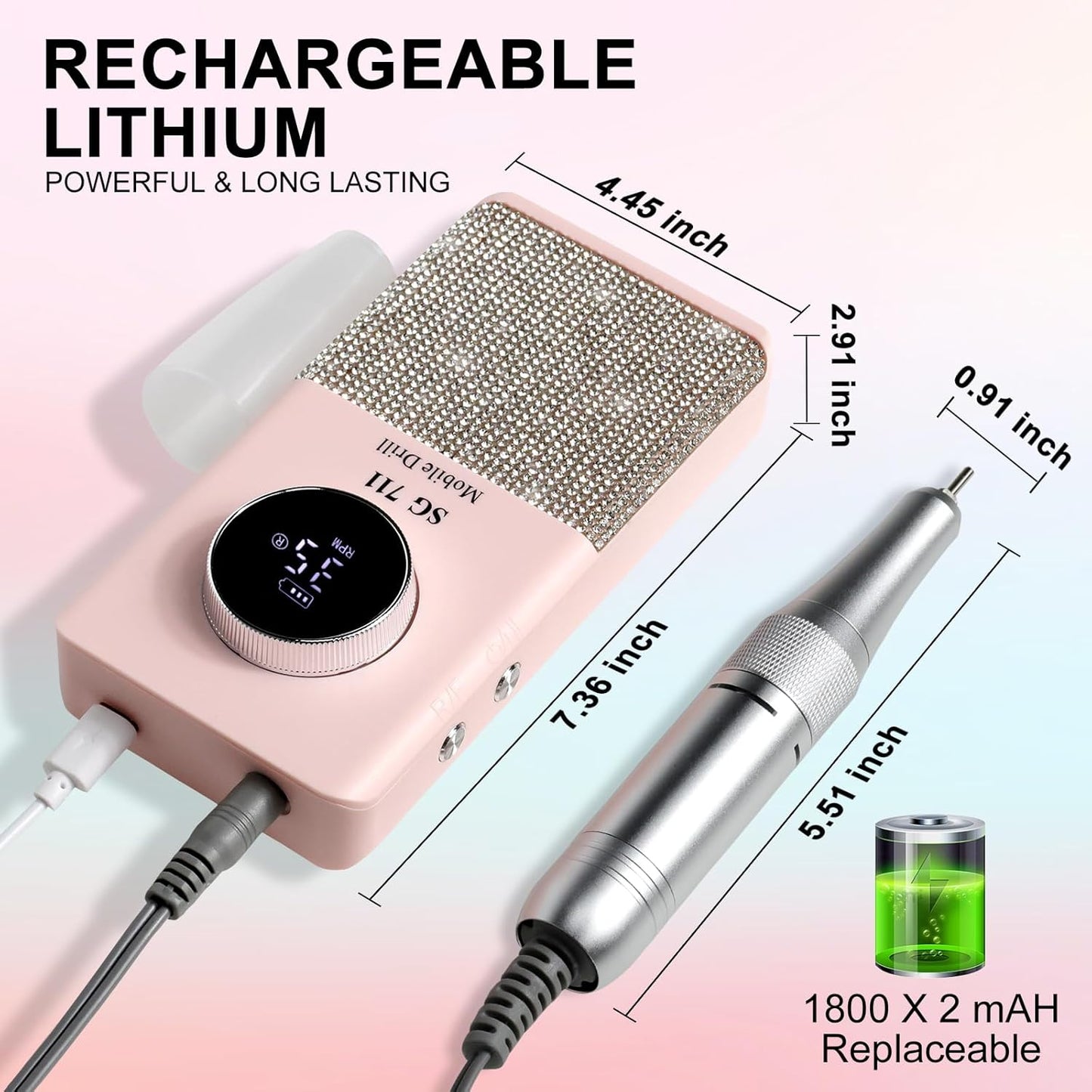 Professional Electric Cordless Nail Drill File:Glitter Portable Cordless E-File Nail Drill Kit with13 Drill Bits 45000RPM Rechargeable Nail Drills Machine for Acrylic Nails Gel Polishing (Pink)