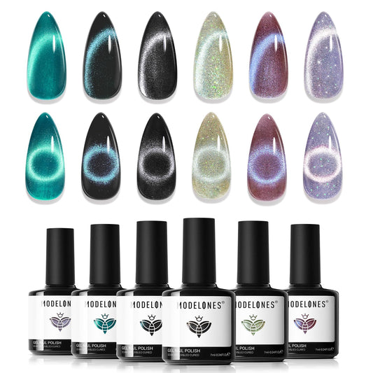 modelones Cat Eye Gel Nail Polish Set, 6 Colors Fall Winter Holographic 9D Glassy Cat Eye Glitter Gel Polish Set Black Blue Purple Green Nail Polish Kit with Magnet Soak Off LED Nail Art DIY Gift | alldaygood beauty