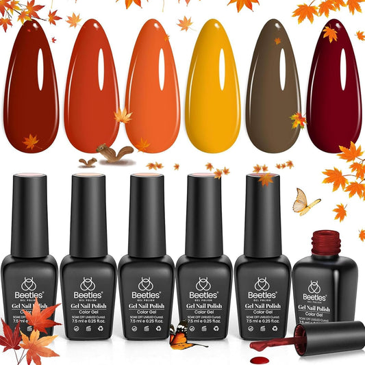 Beetles Fall Gel Nail Polish Set - 6 Colors Burgundy Red Orange Yellow Brown Gel Polish Kit for Nails, Autumn Leaves Soak Off UV LED Nail Gel Manicure at Home Gifts for Women | alldaygood beauty