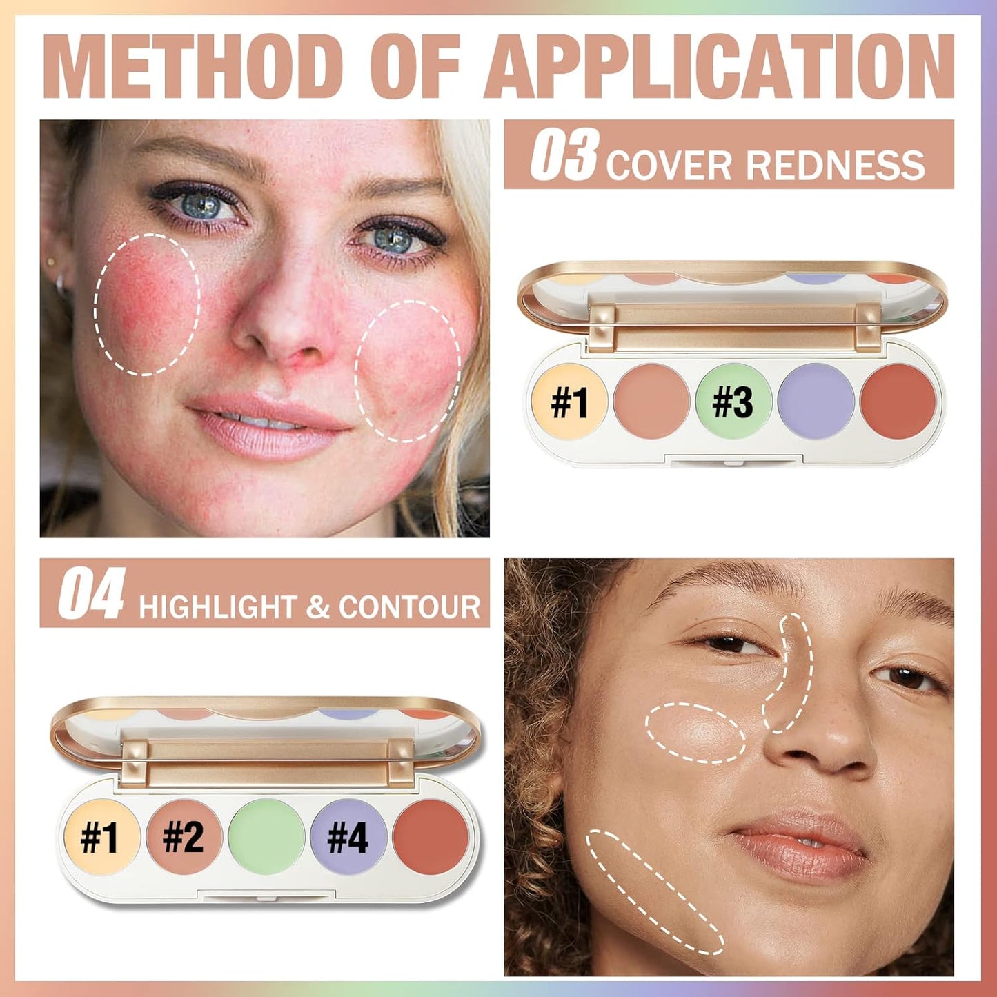 FOCALLURE #GoldenAge 5 in 1 Multi Uses Concealer Palette, 5 Colors Correcting Conceal Palette, Camouflage Contour Palettes for Dark Circles, Face Contouring Highlighter Pallet, CC02 COLOUR CORRECTING