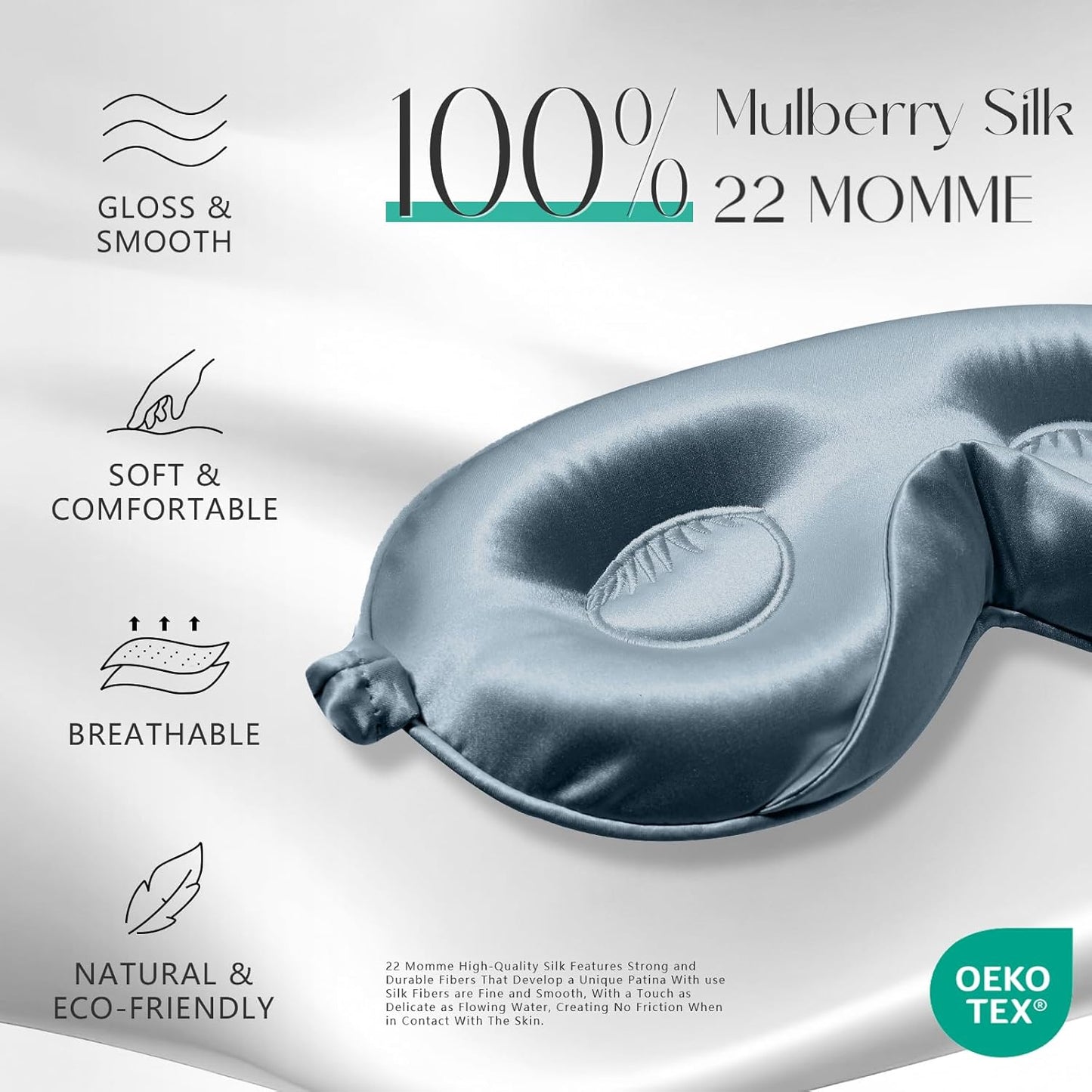 ZIMASILK Adjustable 22 Momme 100% Mulberry Silk Sleep Mask, Upgraded 3D Contoured Cup Eye Mask for Sleeping, Super Soft & Breathable Blindfold, Blackout for Deep Sleeping (Blue Haze)