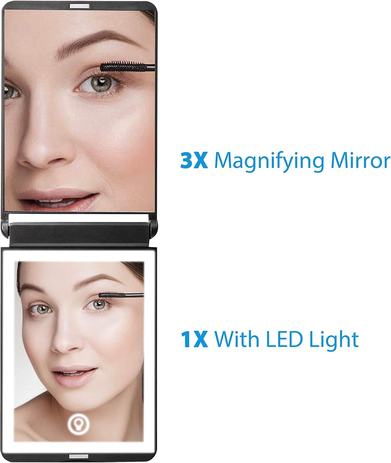 WOBSION Lighted Compact Mirror, Rechargeable Travel Makeup Mirror with Light,1x/3x Magnifying,Folding Portable Mirror,Dimmable,Gifts for Girls,Black