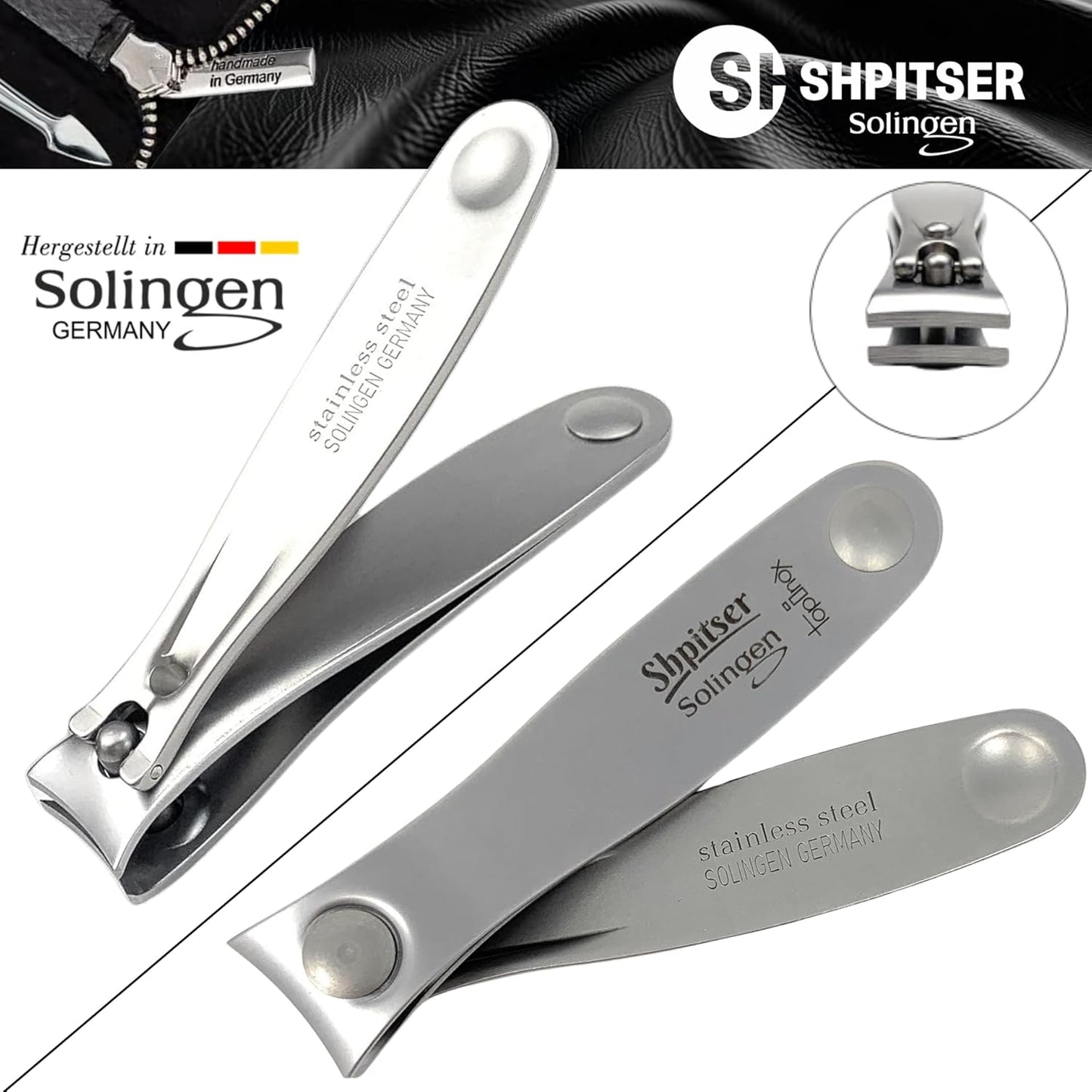 SHPITSER Professional 7pc TopInox Surgical Stainless Steel Tools Manicure Pedicure Set in Genuine Durable Leather Case Handmade in Solingen Germany for Nail and Cuticle Care