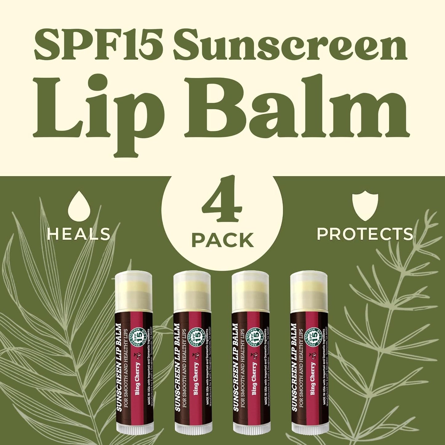 Earth's Daughter SPF Lip Balm Cherry Flavor 4-Pack - Lip Sunscreen, SPF 15, Organic Ingredients, Beeswax, Coconut Oil, Vitamin E - Hypoallergenic, Paraben Free, Gluten Free