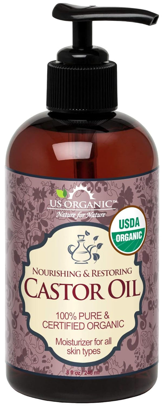 US Organic Castor Oil, USDA Certified Organic,Expeller Pressed, Hexane Free, 100% Pure & Natural moisturizing and emollient properties, For Skin, Hair Care, Eyelashes, DIY projects (8 oz (240 ml)) | alldaygood beauty