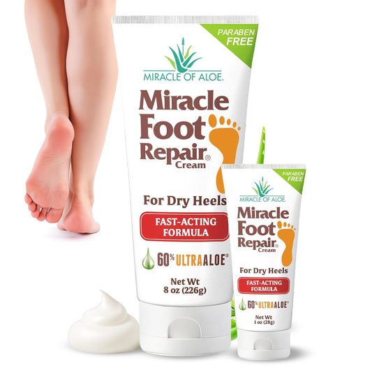 Miracle Foot Repair Cream (8 oz & 1 oz) Repairs Dry Cracked Heels and Feet, 60% Pure UltraAloe Moisturizes, Softens, and Repairs | alldaygood beauty