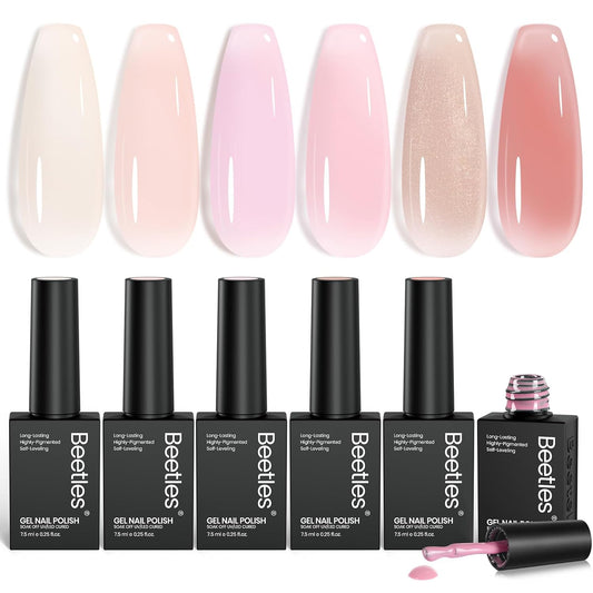 Beetles Jelly Gel Nail Polish Set - 6 Colors Nude Pink Gel Polish Kit Neutral Shimmer Translucent Sheer Gel Soak off Uv Nail Concealer Peach Juice Collection French Nail Art Manicure Gift for Women | alldaygood beauty