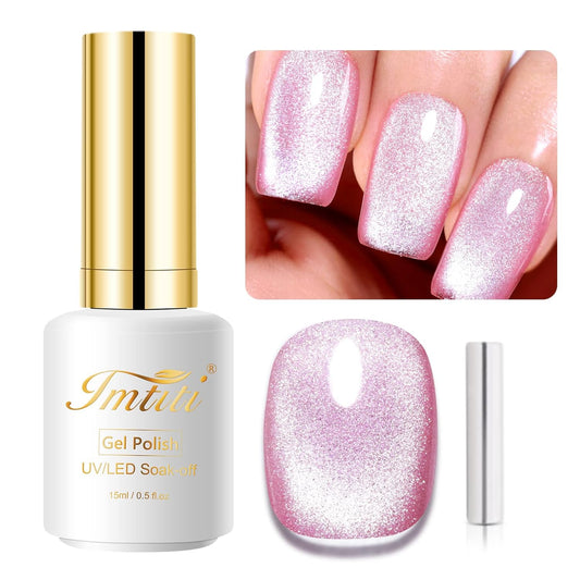 Imtiti Hot Pink Champagne Pink Color Gel Nail Polish, 0.5fl oz Holographic 9D Cat Eyes Glitter Magnetic Gel Polish with Magnetic Stick for Nail Salon | alldaygood beauty