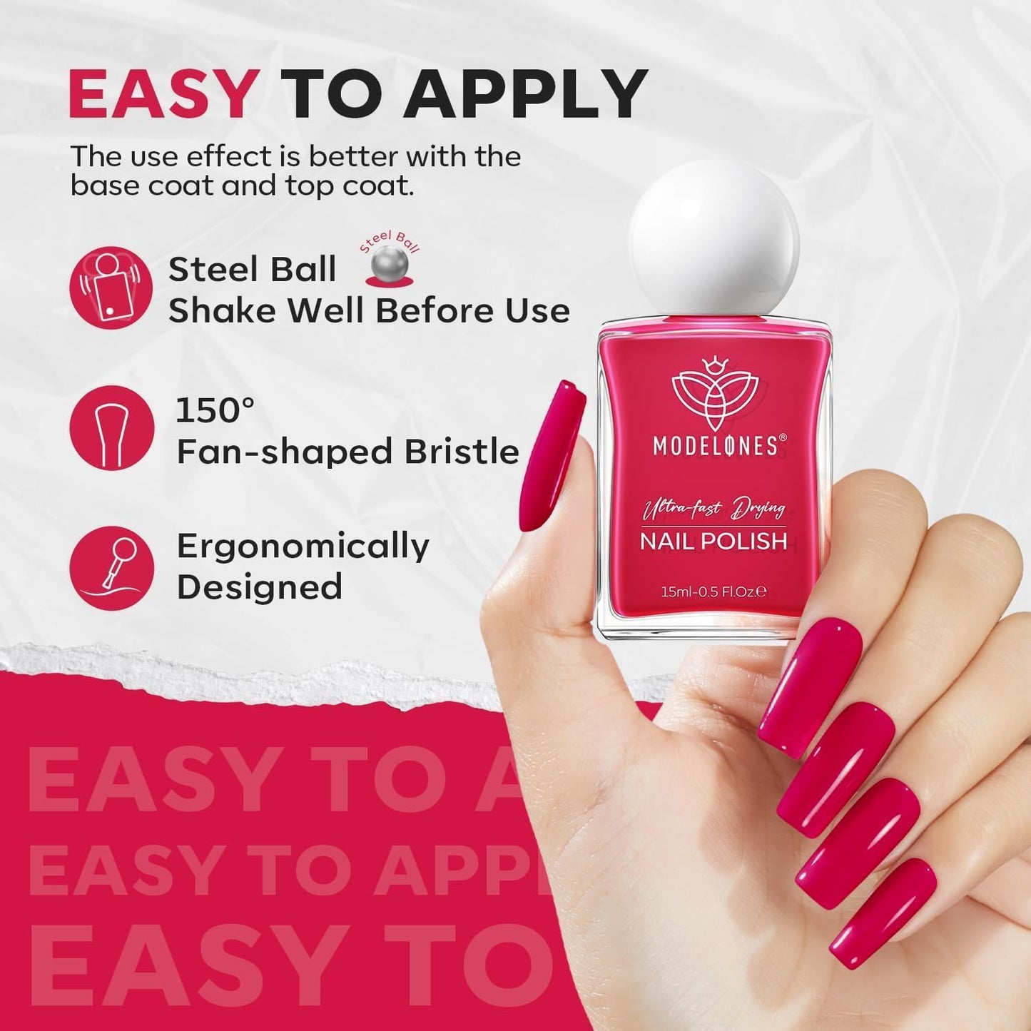 modelones Hot Pink Nail Polish, Magenta Pink 15 ml Quick Dry Nail Lacquer Strengthener Long Last Shine Fingernail Toe Nail Art DIY Home Travel Manicure Gift for Women Girls 0.5 Fl Oz