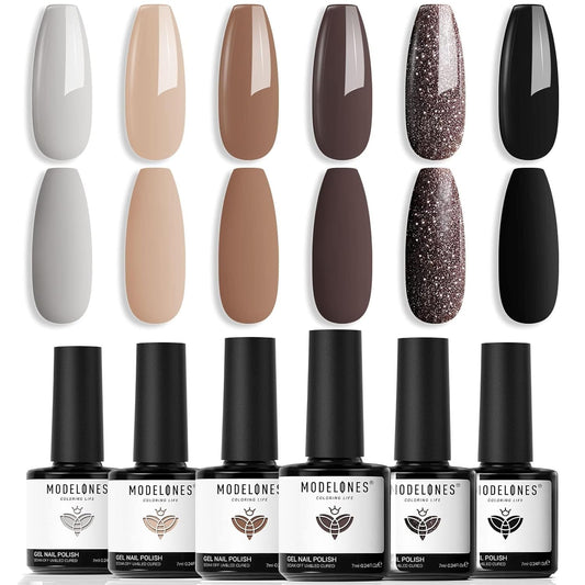 modelones Gel Nail Polish Set, 6 Colors Fall Winter Chocolate Brown Black Nude Glitter Gel Polish Kit Neutral Soak Off Nail Art Salon Design French Manicure DIY at Home Gifts for Women Girls | alldaygood beauty