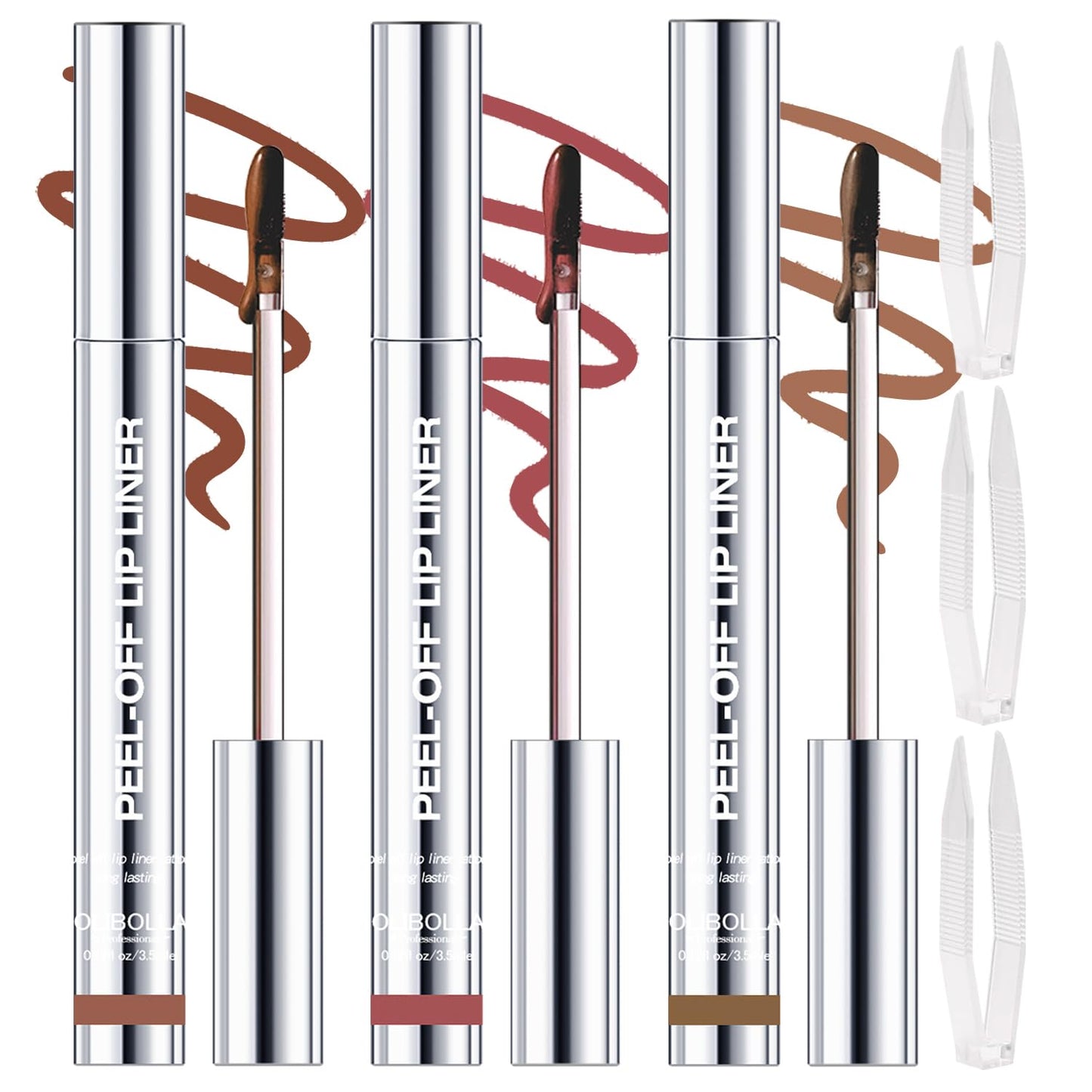 3 Colors Peel Off Lip Liner Stain with Tweezer, Long Lasting Waterproof Lip Tint Stains Makeup Set with Matte Finish for Women, Natural Look, Easy to Use, for All Skin Types (#2,3,4)