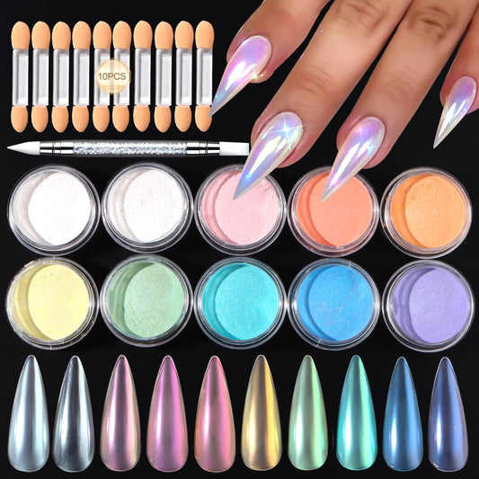 10 Colors Mermaid Pearl Chrome Nail Powder, Iridescent Aurora Powder Metallic Mirror Effect Pigment Pearlescent Nail Art Glitter Dust Kit for Gel Polish Nail Art Decoration | alldaygood beauty