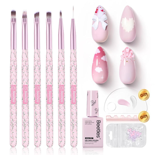 beetles Gel Polish Nail Art Brushes Set 6 Pcs Nail Brush and 8 ml Pink Painting Gel, Floral Pattern Handle Gradient Bristles Fingernail Art Pens DIY with Bowknot Accessories Manicure Design Tools Set | alldaygood beauty