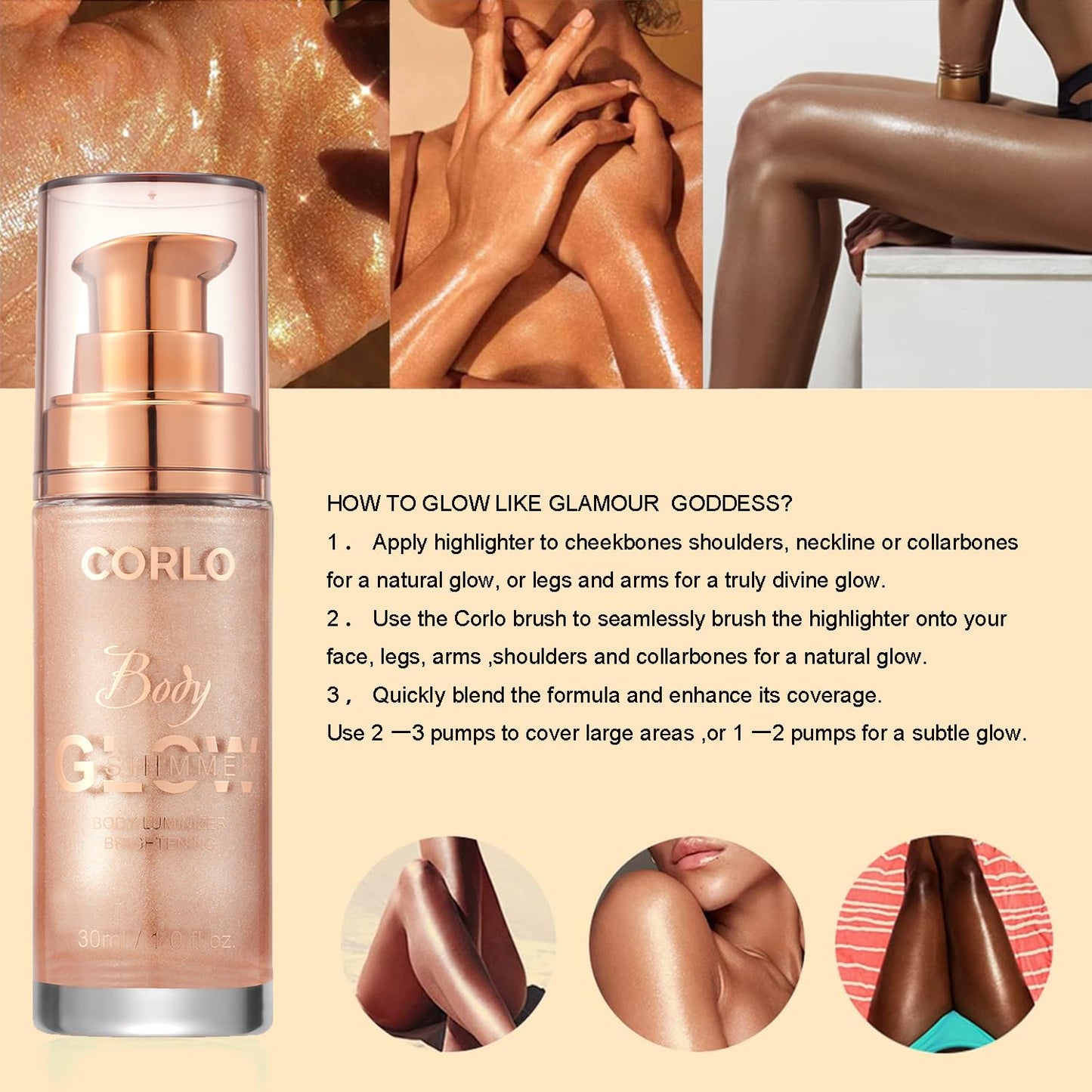 Corlo Body Shimmer Oil Liquid Glitter Face Luminizer Glow Highlighter Waterproof Long Lasting Moisturizing Luminizer FaceProm Party Makeup Brush Include(Rose Gold, Body Oil)