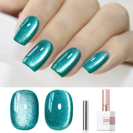 Double Rhythm 0.5 OZ Cat Eye Gel Polish with Magnet 15ML Holographic Glitter Shimmer Translucent Jelly Color Magnetic Gel Polish Salon DIY at Home (Teal-MC1027) | alldaygood beauty