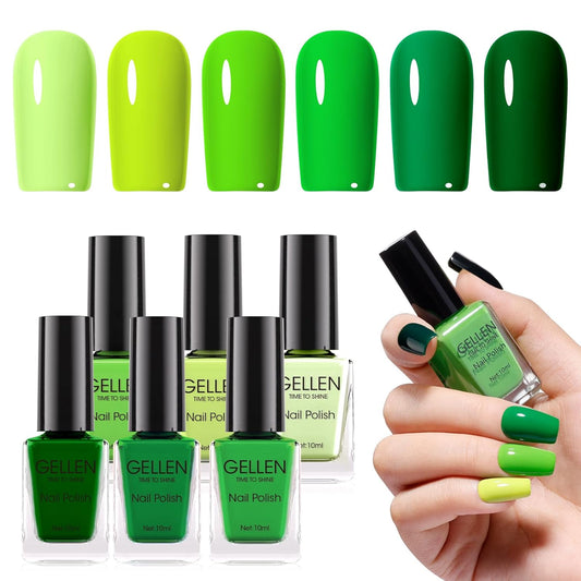 GELLEN Green Regular Nail Polish Non Gel, Fast Air Drying Full Size Green Nail Polish No UV Light Needed Spring Summer Dark Light Grass Forest Jungle 6 Colors Set for Women Manicure St. Patrick's Day | alldaygood beauty