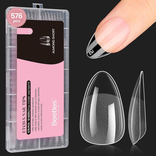 Beetles Gel Nail Tips 576Pcs Pre-shape Short Almond Etch-X Nail Tips,12 Sizes Soft Nail Tips Half Matte False Nails for Fall Nails Full Cover Press On Nail Nail Extensions Set for Women | alldaygood beauty