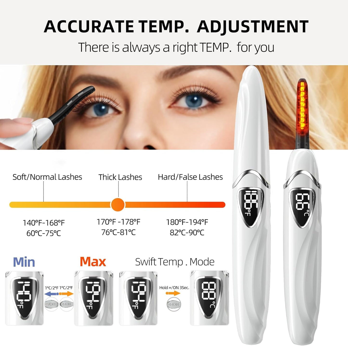 ZAPAL Heated Eyelash Curler, S600 Rechargeable Heated lash Curler, Intelligent Power Off Electric Eyelash Curler Heated Quickly 24 Hs Lasting Natural Makeup for Woman - Snow White/Silver