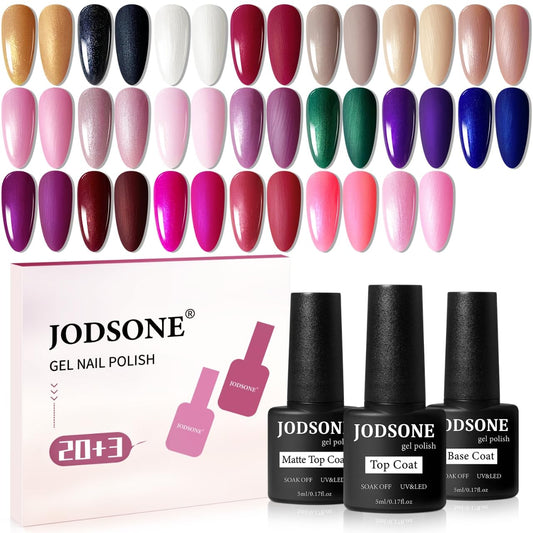 JODSONE 20 Glitter Color Gel Nail Polish Kit 3 Bottles of No Wipe Base Coat Glossy and Matte Top Coat Gel Polish Set High Shine Gorgeous | alldaygood beauty