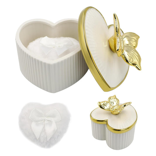 Large Body Powder Puff and Container, Ceramics Dusting Powder Container with 2 PCS Washable Heart Shaped Body Puff, Butterfly Dusting Case for Wet and Dry Makeup (White)