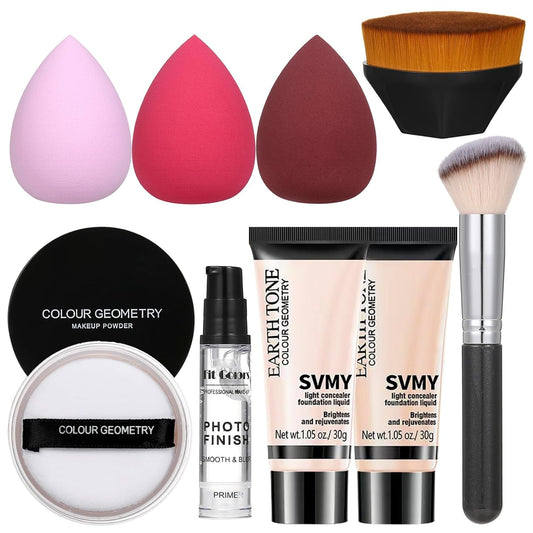 Foundation Full Coverage Matte Oil Control Concealer with Face Primer & Makeup Brush & Makeup Sponge & Foundation Brush