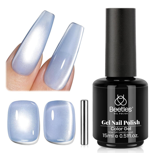 Beetles Blue Cat Eye Gel Polish, 15ML Light Blue Glass Cat Eye Glitter Gel Polish with Magnet Shimmer Translucent Sheer Color Soak Off UV Frosted Galaxy Series French Nail Art Gift for Women | alldaygood beauty