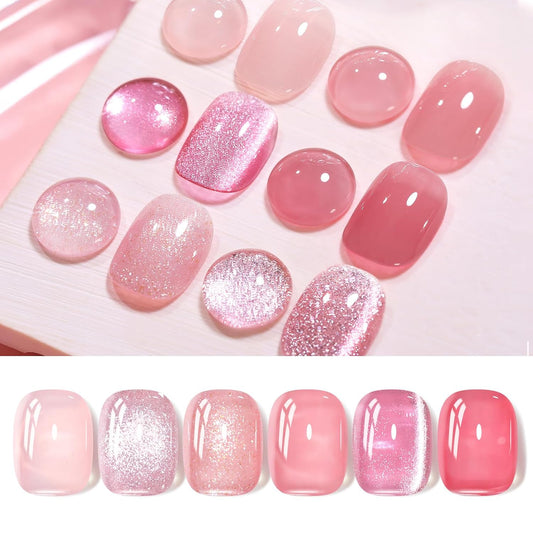 Born Pretty Gel Nail Polish Pink Nude Series,Jelly Transparent,Cat Magnetic Eye,Shimmer Glitter Holographic Pink Nude Gel Polish Kit for Salon Manicure and Nail Art DIY at Home 6Colors | alldaygood beauty