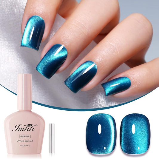 Imtiti Cyan Cat Eye Gel Nail Polish, Moonlight Aurora Cyan Holographic Cat Eyes Glitter Magnetic UV Soak Off Gel Polish with Magnetic Stick (0.34 Fl Oz-949) | alldaygood beauty