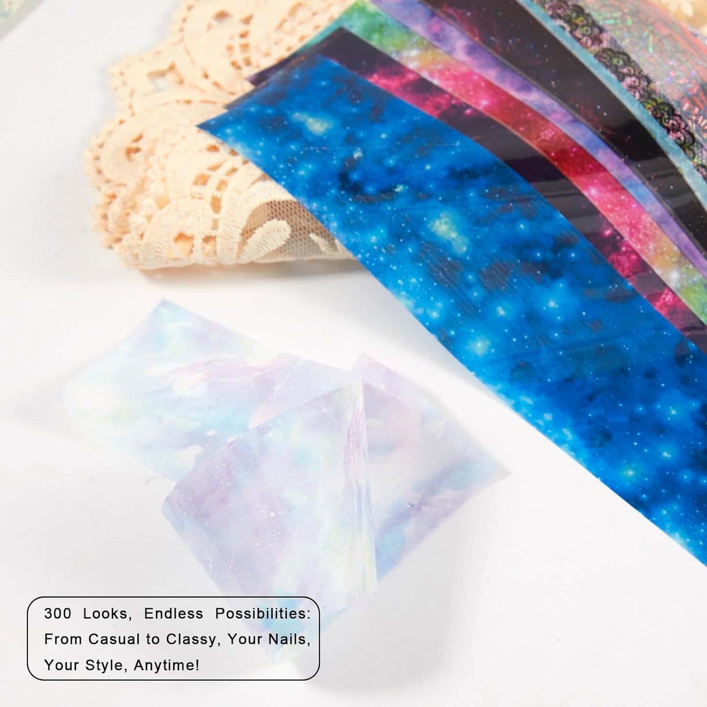 WOKOTO 300 Sheets Nail Foils Transfer Nail Art Holographic Flower Rose Solid Nail Art Foil Sheets, 1 Set for All Various Designs Nail Transfer Foil for Women Girls Nails