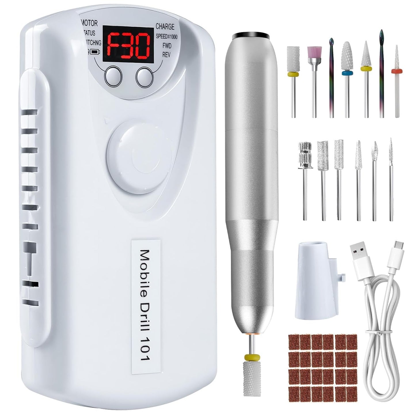 Electric Nail Drill Portable Nail Drill Professional 30000 RPM 13 Salon Quality Drill bits 50 Sanding Bands Portable & Low Noise for Acrylic Nails Gel Polishing Removing Bits Kit for Home Use