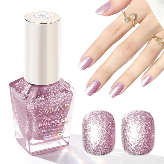 SAVILAND Color Artistry Rose Gold Glitter Nail Polish - 7 Days Shimmer Air Quick Dry Holographic Fingernail Polish, Sparkle Pink High Glossy Home DIY Manicure Gift for Women | alldaygood beauty