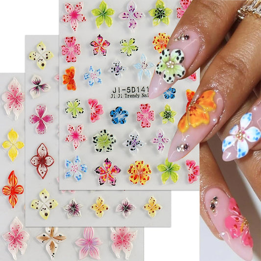 Colorful Flower Nails Art Stickers 5D Self-Adhesive Embossed Nails Stickers Hibiscus Flower Design Tropical Floral Nails Decal Supplies Women DIY Nail Art Decoration 3 Sheets