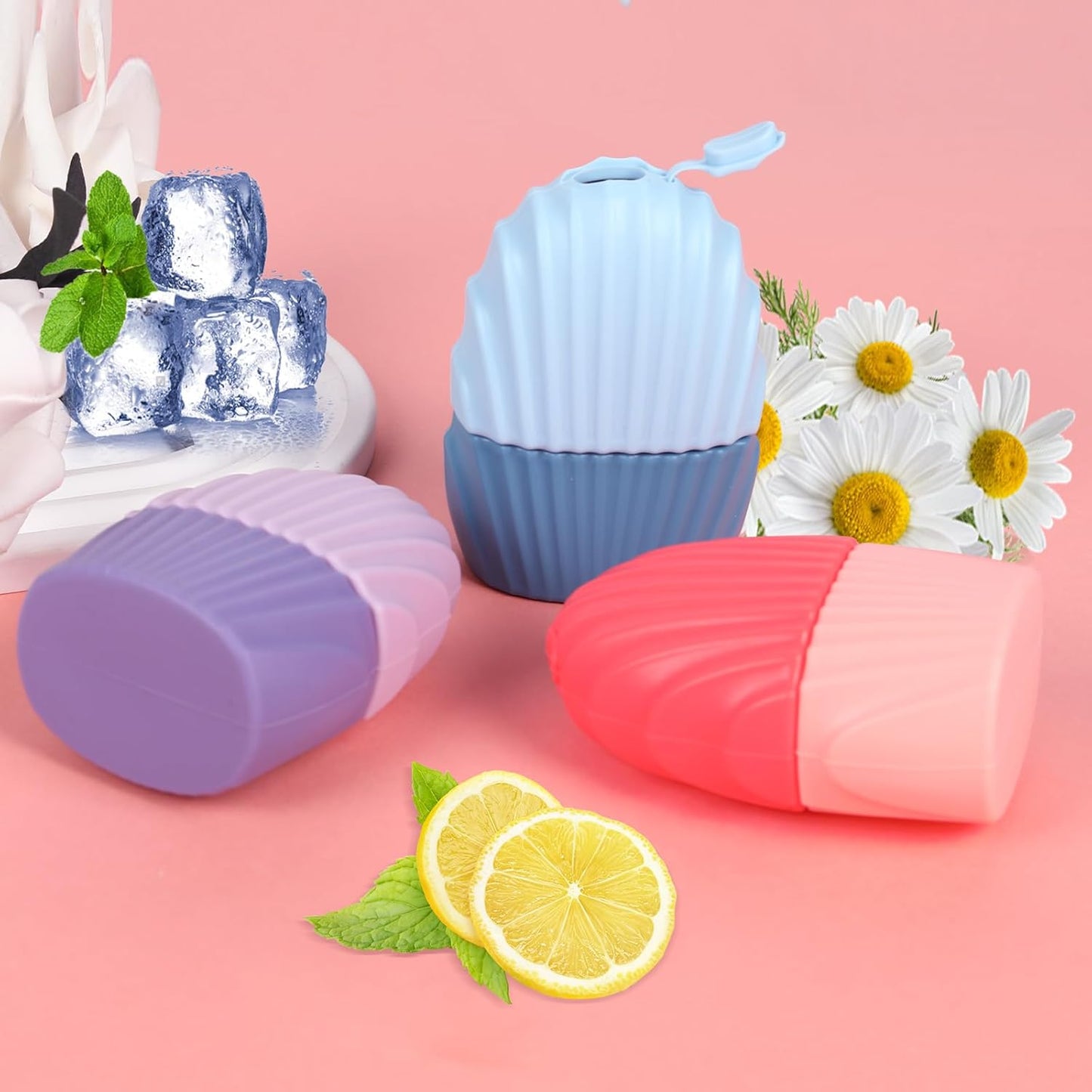 Ice Cube Roller for Face,Eyes and Neck,Reusable Silicone Ice Mold Mermaid Shell Shape for Shrink Pores Anti Wrinkle and Skin Beauty Care,Reduce Migraine Pain,Gua Sha Face Massage Tools (Pink)