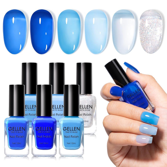 Gellen Blue Jelly Nail Polish, Sheer Nail Polish Quick Dry Summer 6 Colors Blue Glitter Set, Natural Traditional Regular Nails Polish for Acrylic Natural Nails Home Salon, No Gel, Hema Free, Non-toxic | alldaygood beauty