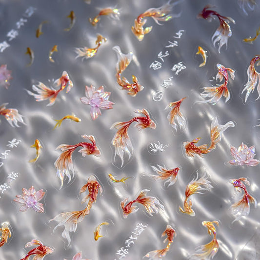 Goldfish Nail Art Stickers Sparkly Koi Nail Stickers 5D Embossed Shell Light Style Nail Decals Accessories Goldfish Adhesive Slider Manicure Supplies for Women DIY Decorations | alldaygood beauty