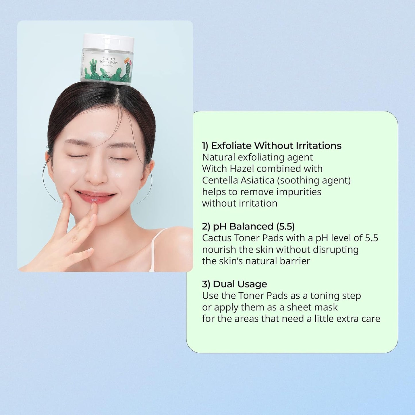 YADAH Cactus Toner Pads 5.07 Fluid Ounce 60 Count, Cruelty Free Facial Cleansing Exfoliator Toning Hydrating Treatment Wipes for Clear Pores Acne Prone Oily Dry Sensitive Skin