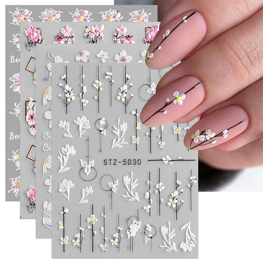 3D Embossed Flower Nail Art Stickers Decals Self-Adhesive Pegatinas Uñas 5D Floral Nail Supplies Nail Art Design Decoration Accessories 4 Sheets | alldaygood beauty