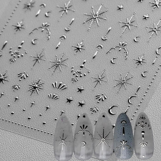 Moon Star 3D Silver Nail Stickers - Luxury Nail Art Design for Women & Girls - DIY Manicure Decoration