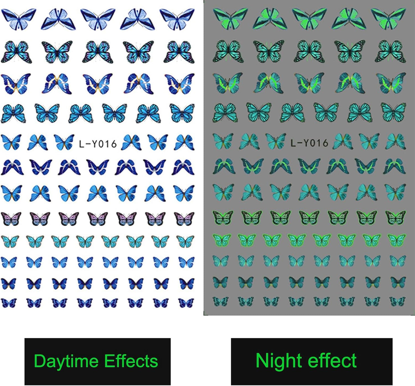 6 Sheets Luminous Butterfly Nail Art Stickers 3D Self-Adhesive Butterfly Nail Decals Holographic Butterflies Nail Art Supplies for Women Manicure Glow in The Dark Decoration Fluorescent Nail Decal