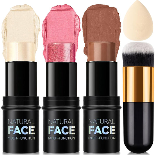 3 Colors Cream Contour Stick, Shades with Highlighter Stick,Blush Stick and Bronzer Contour Stick for Sculpt the Cheeks,Long Lasting,Waterproof,Matte & Dewy Finish for Women (LIGHT(1+3+4)) | alldaygood beauty