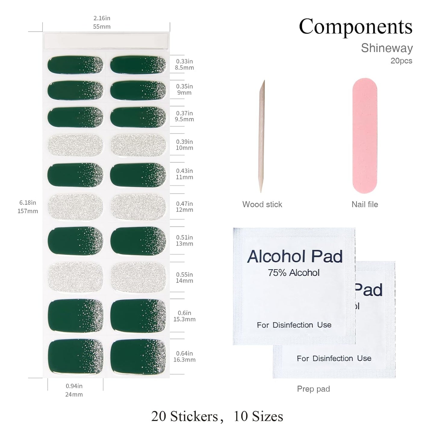 Semi Cured Gel Nail Strips, 20 PCS Gel Nail Stickers Work with UV Light, Gel Nail Wraps, Salon Quality & Easy to Use - Shineway