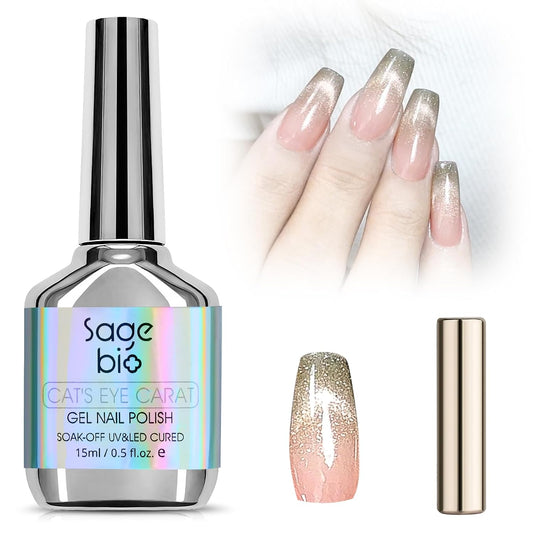 Cat Eye Gel Nail Polish with Magnet Stick, 15ml Glitter Holographic Nail Polish, Magnetic Effect Gel for Home DIY Manicure Gift, Brown Gold | alldaygood beauty
