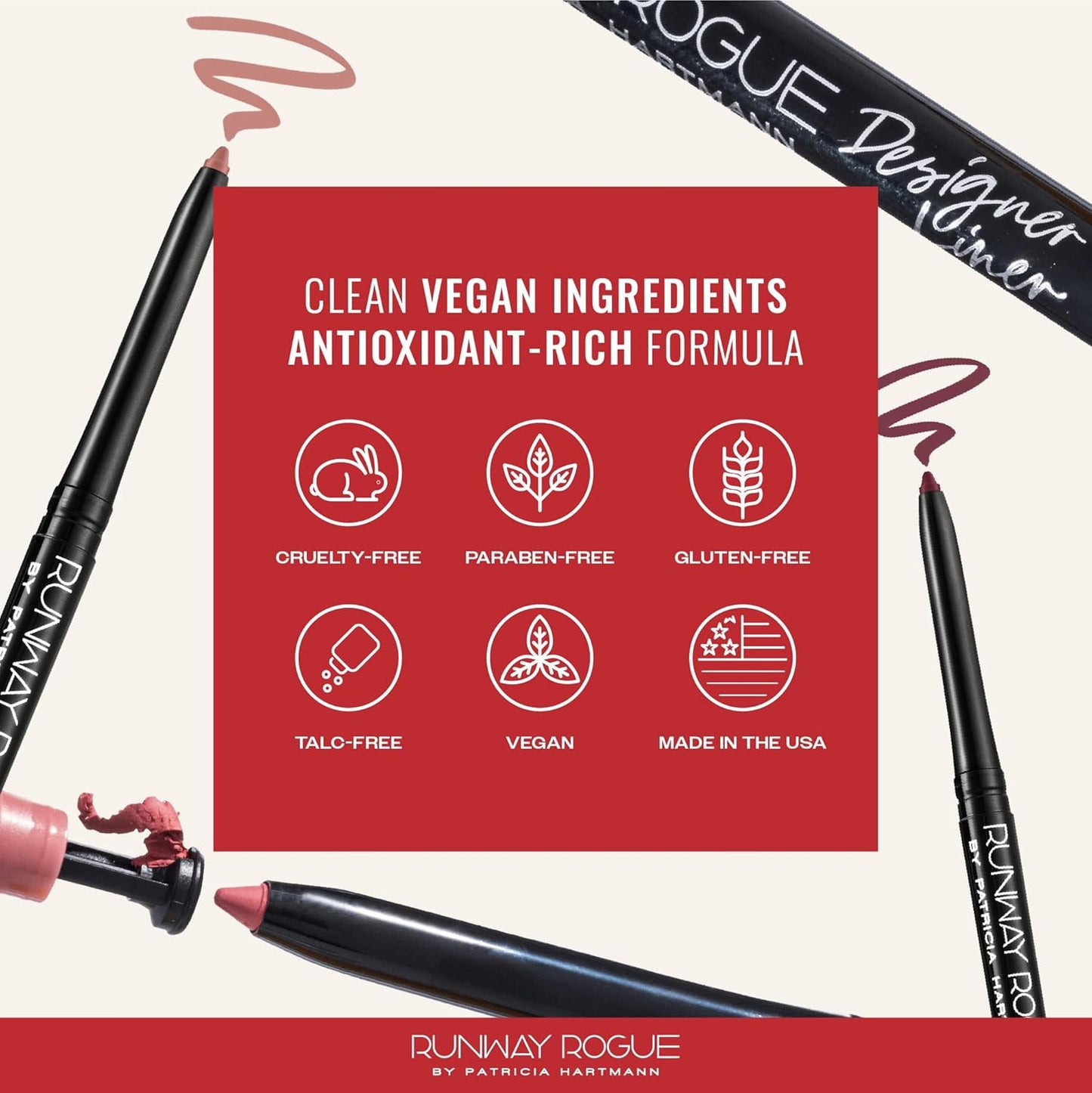 Runway Rogue Designer Liner Lip Pencil, Matte Crimson Dark-Red Lip Liner Pencil and Lip Liner Sharpener, ‘In the Press’