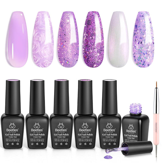 Beetles Purple Gel Nail Polish Set, 6 Color Spring Purple Shimmer Pearl Jelly Gel Polish with Nail Brush Soak Off LED Lamp Swirl Shell Thread Effect DIY Manicure Gifts for Mom | alldaygood beauty