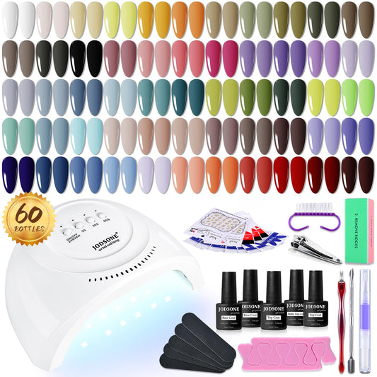 JODSONE 60 PCS Gel Nail Polish Kit with U V Light 55 Colors No Wipe Beautiful Colors Nail Gel Polish Base Top Coat Manicure Gifts for Salon and at Home | alldaygood beauty