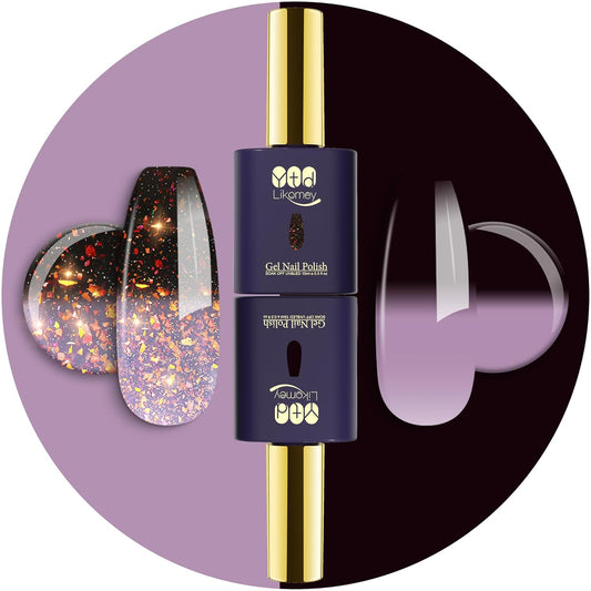 YTD Likomey Color Changing Gel Nail Polish 2 Pcs Set,15ml Grayish Purple to Black Pure Color and Brocade Glitter Kit,Fall Winter Thermal Ombre Change Colors Manicure UV Varnish,2 Pcs 15ml,WB2-05 | alldaygood beauty